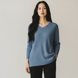 Eileen Fisher Tunic Sweater Top Women L Blue Textured Minimalist Tencel Lyocell